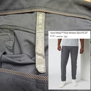 Vuori Meta Pant Athletic Slim Fit Charcoal Gray Mens 38 x 31
